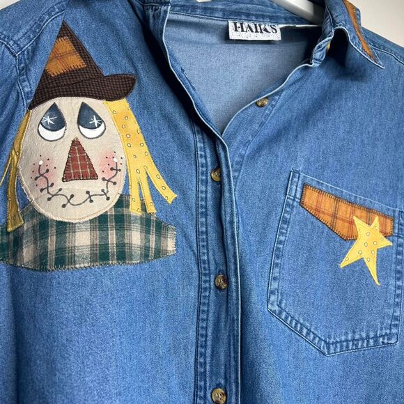 vintage 90s 1990s retro fall autumn Scarecrow patchwork denim button-up shirt xl - Picture 6 of 8